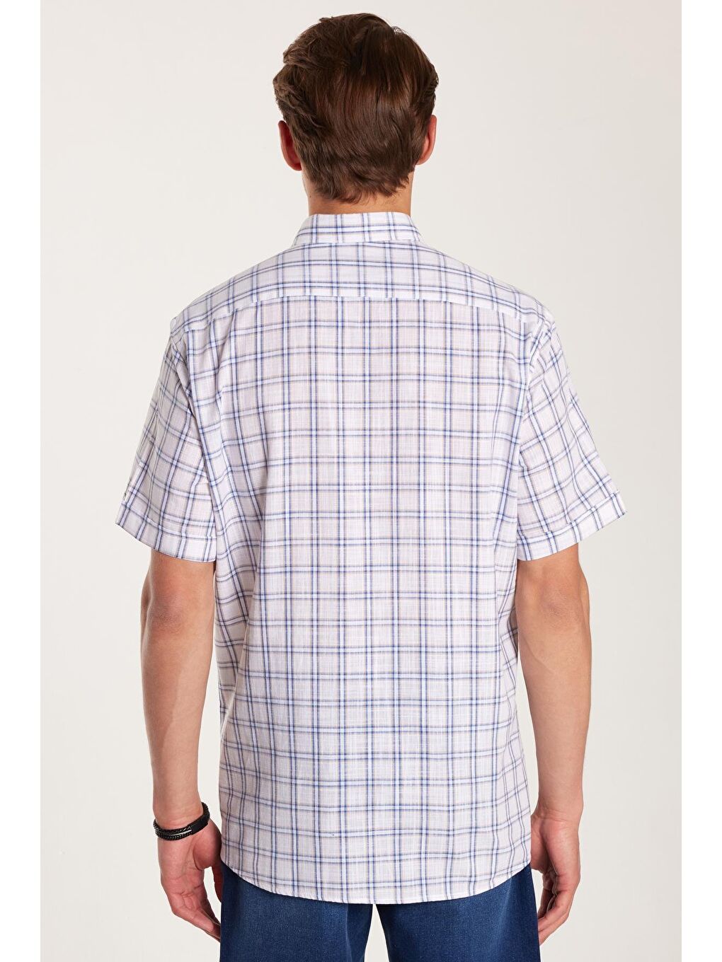 Karışık Erkek Regular Fit Klasik Kesim %100 Pamuk Keten Doku Cepli Kareli Kısa Kollu Düğmeli Yaka Gömlek-4