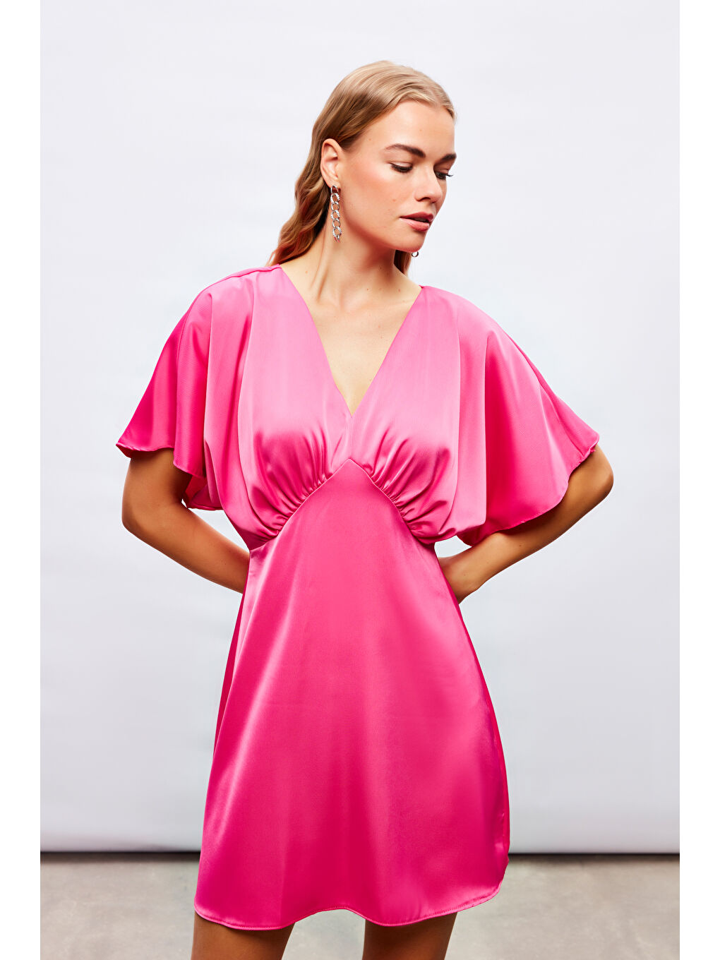 Yarasa Kol Mini Elbise - Fuşya