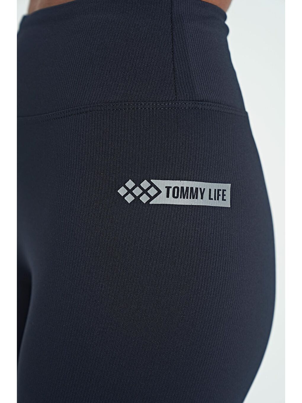 Lacivert Logo Baskılı Fitilli Yüksek Bel Slim Fit Kadın Tayt - 94633-4