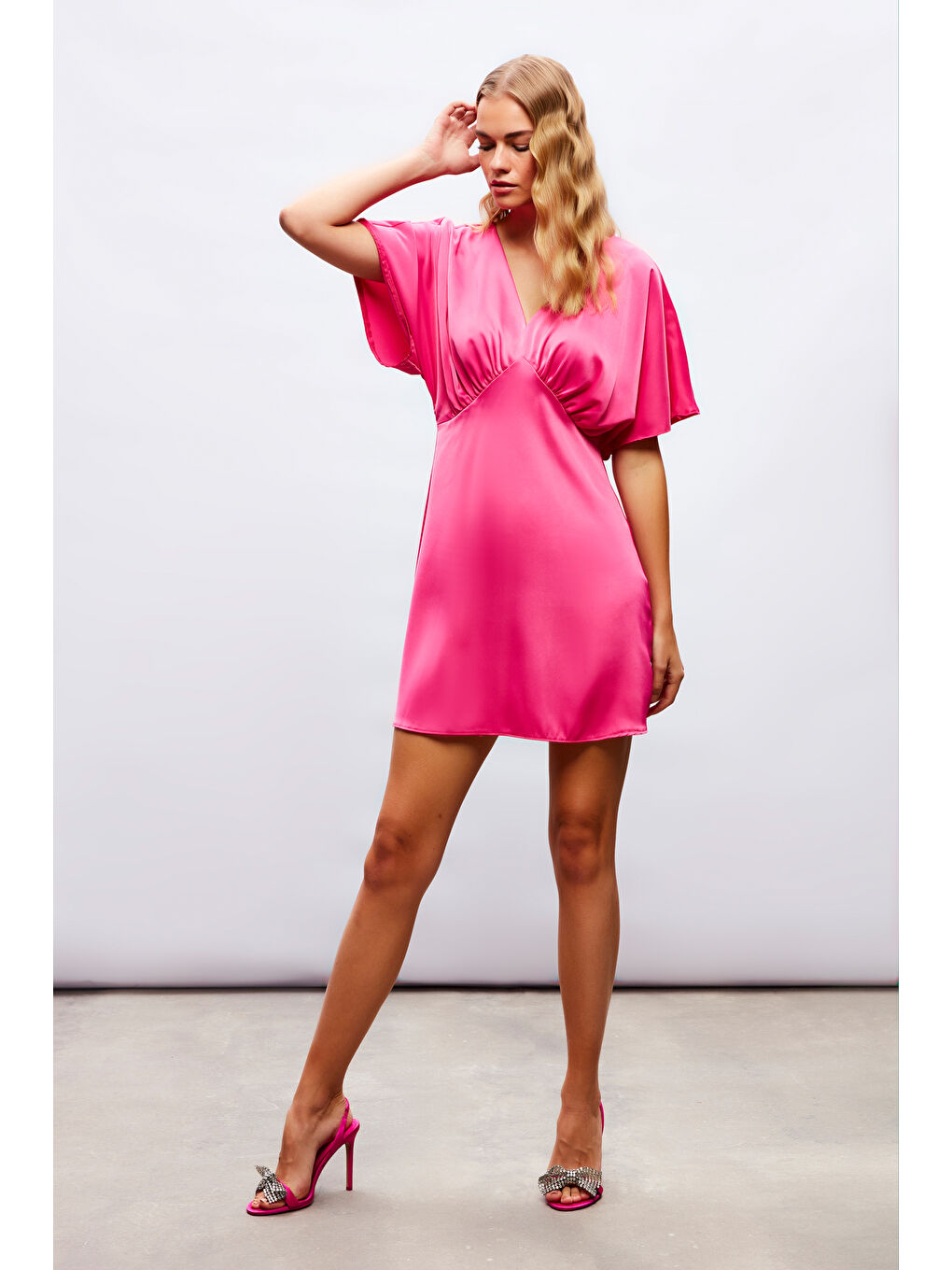 Yarasa Kol Mini Elbise - Fuşya-1