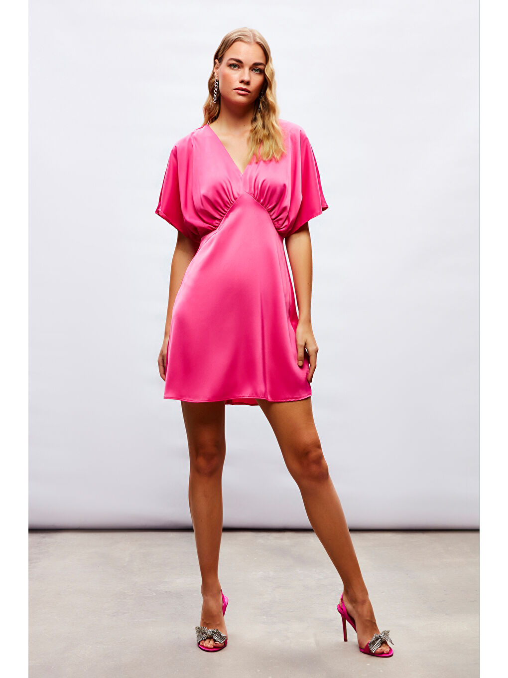 Yarasa Kol Mini Elbise - Fuşya-2