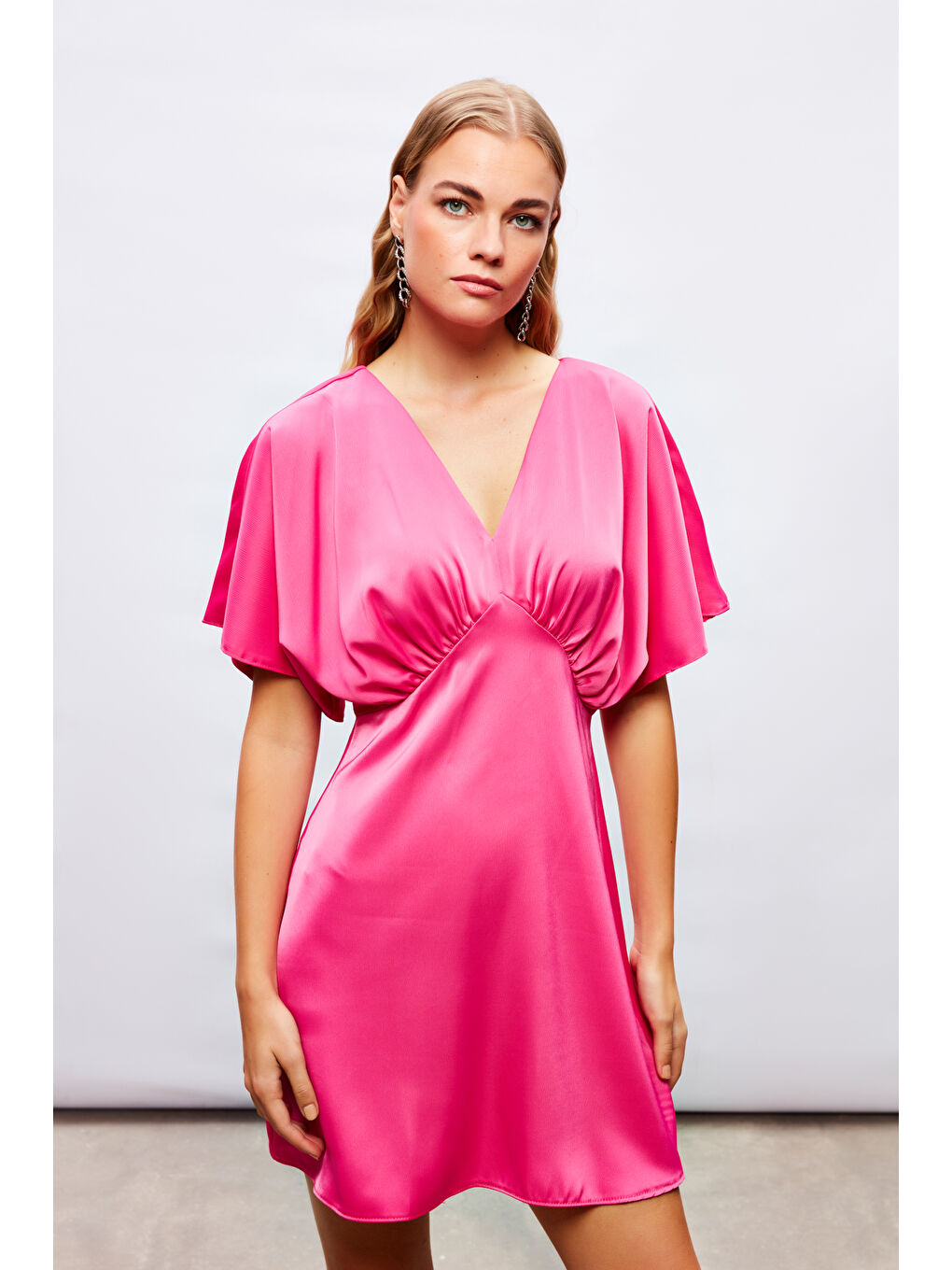 Yarasa Kol Mini Elbise - Fuşya-3