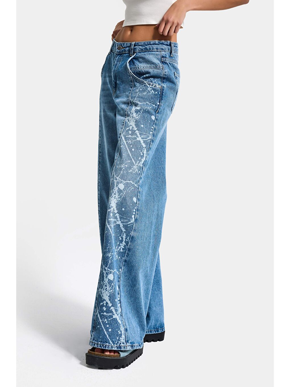 Kadın Mavi 2s6-24 Wide Leg Fit Bol Kesim %100 Pamuk Özel Tasarım Denim Jean-5