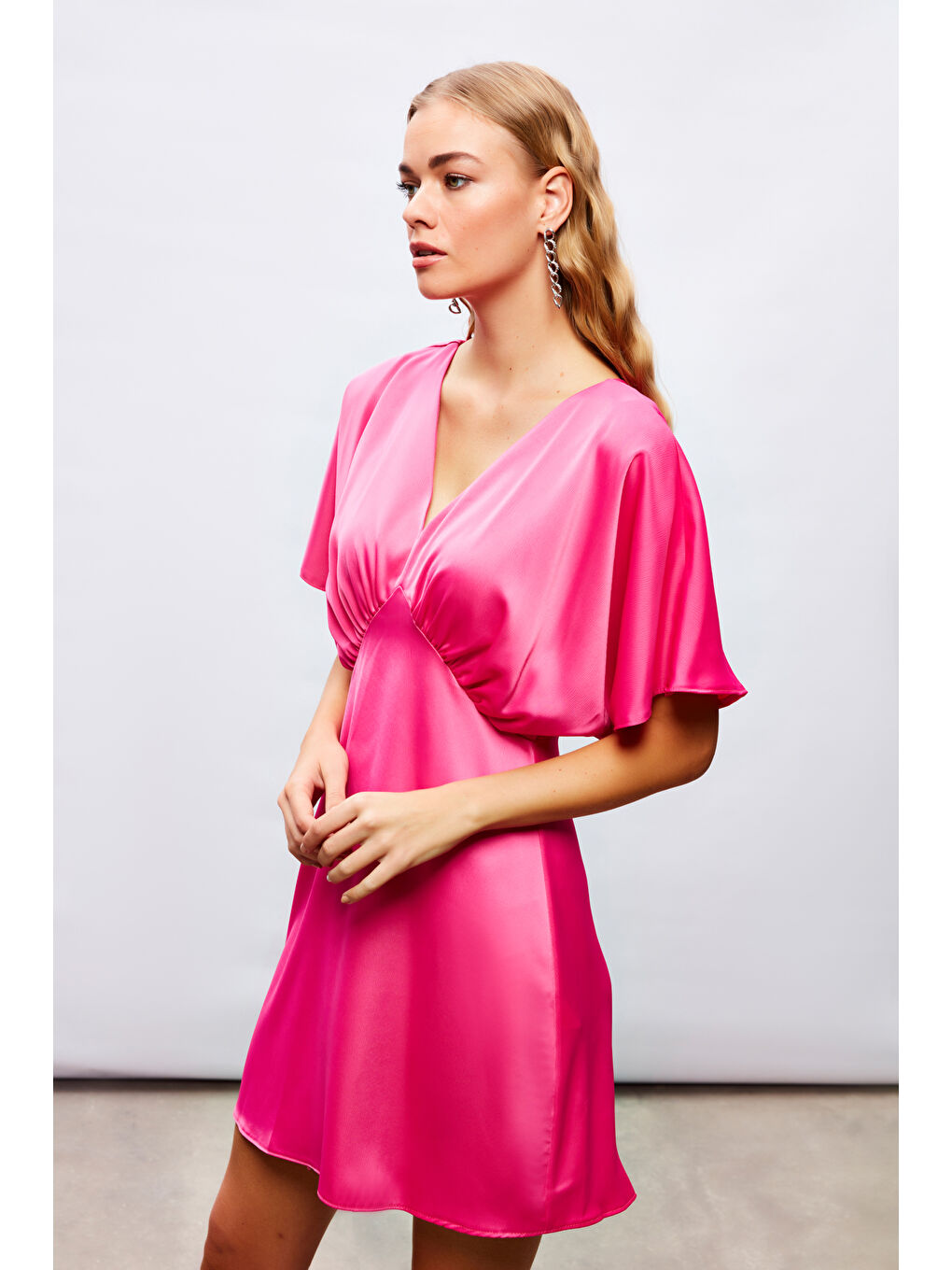 Yarasa Kol Mini Elbise - Fuşya-4