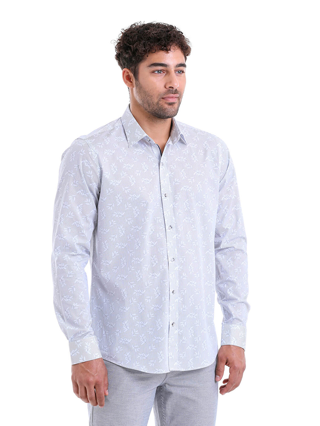 Gri Comfort Fit Baskılı 100% Pamuk Slim Yaka Uzun Kollu Casual Gömlek-1