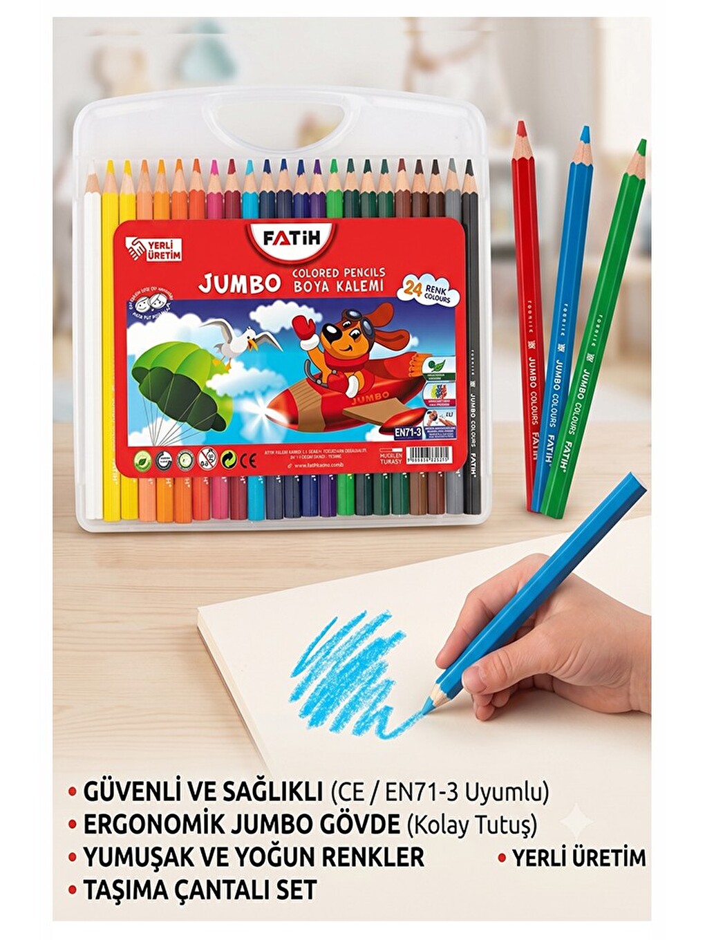 24 Lü Jumbo Kuru Boya Kalemi Plastik Kutulu 1 Paket Fatih Kalın 24 Renk Jumbo Kuruboya Tam Boy-1
