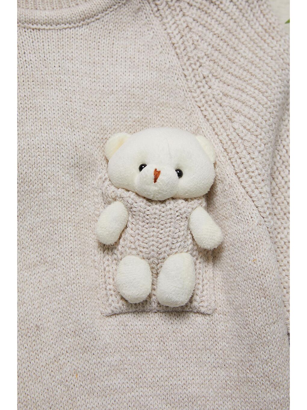 Ekru Kız Çocuk Cep Ayıcıklı Triko Kazak 14641-2