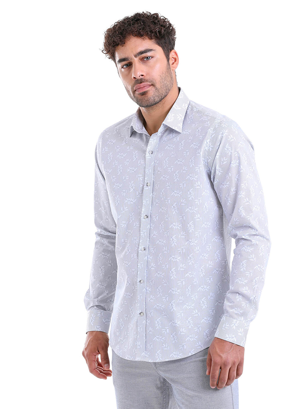 Gri Comfort Fit Baskılı 100% Pamuk Slim Yaka Uzun Kollu Casual Gömlek-2