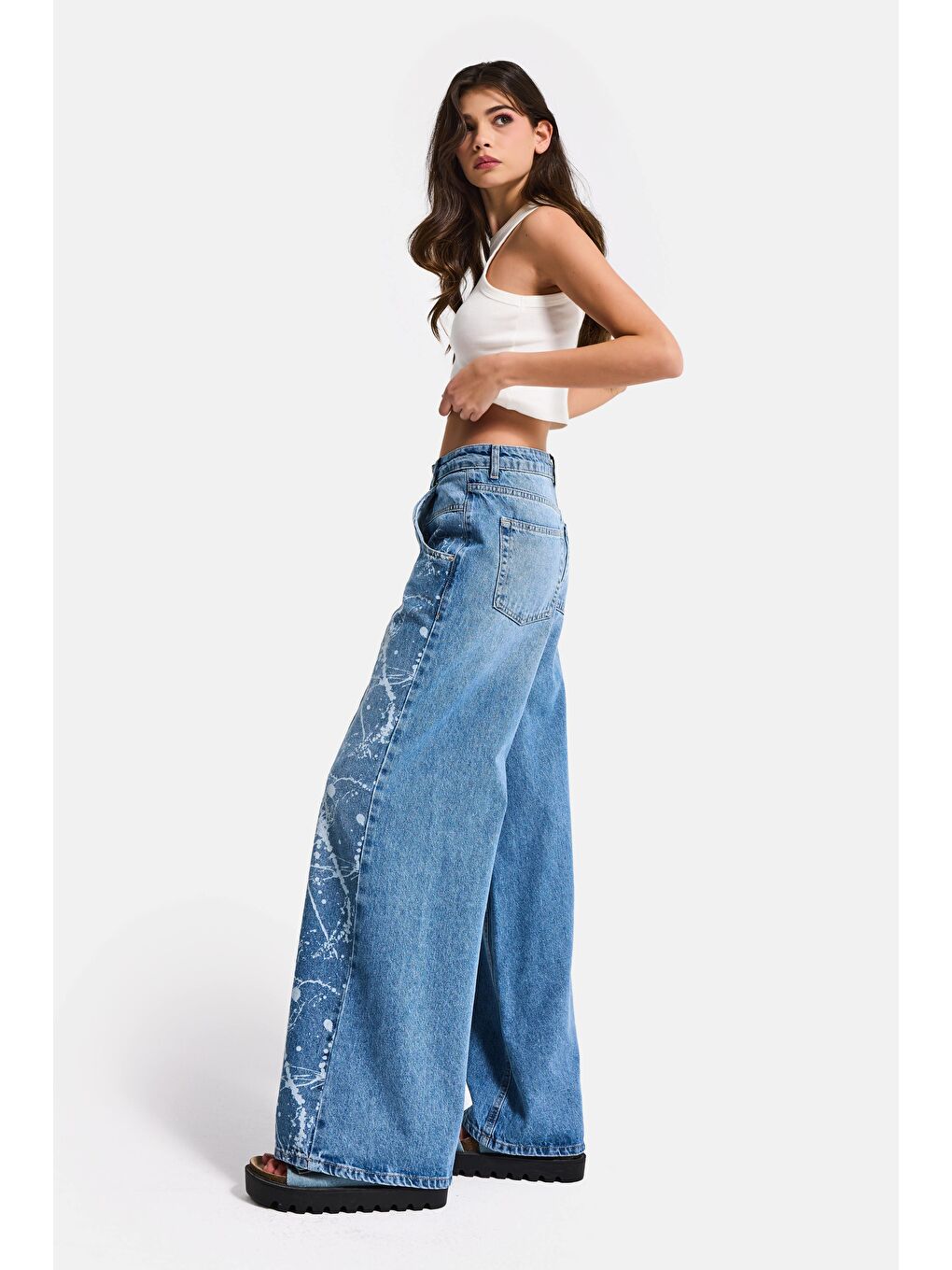 Kadın Mavi 2s6-24 Wide Leg Fit Bol Kesim %100 Pamuk Özel Tasarım Denim Jean-6