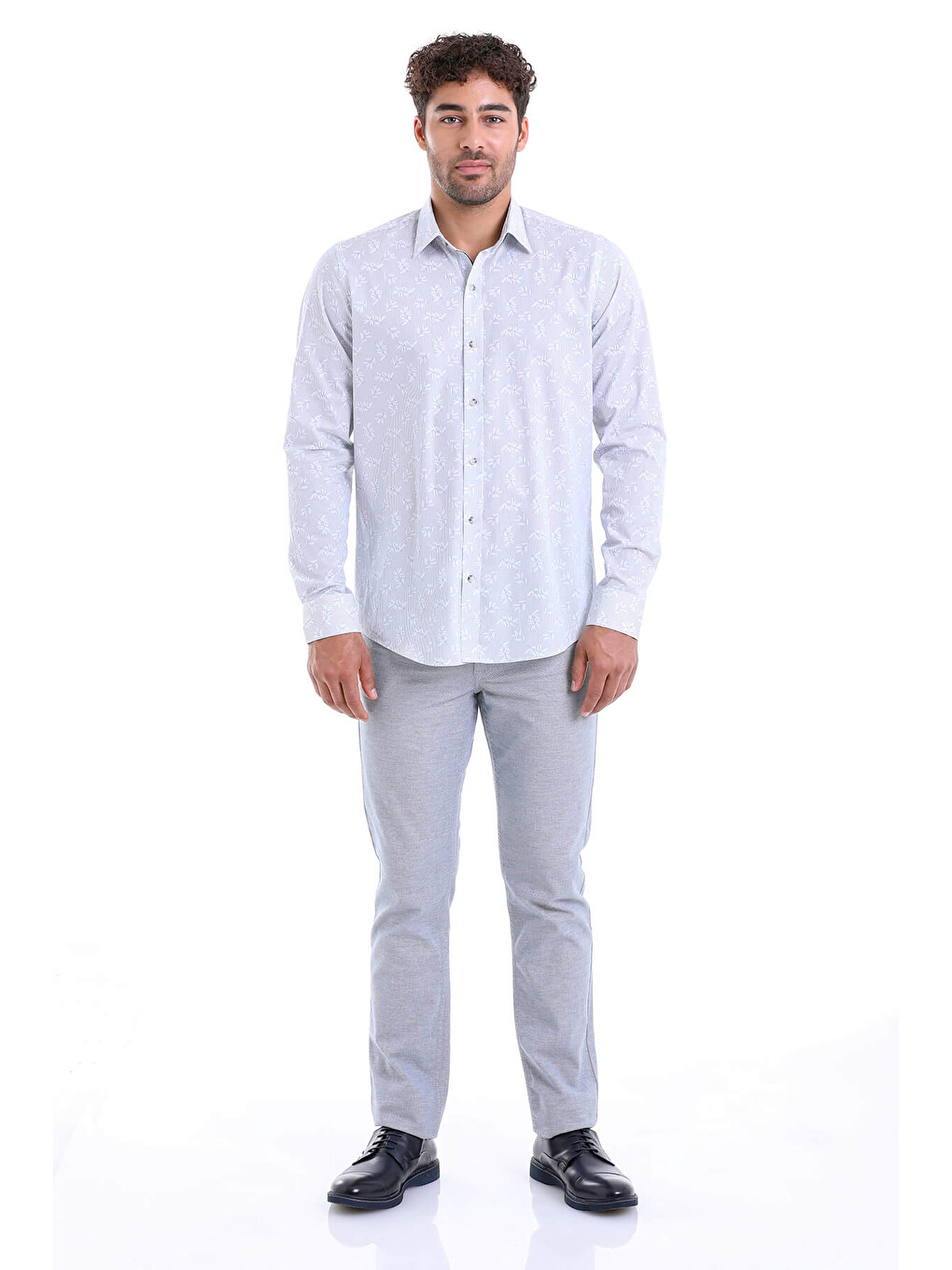 Gri Comfort Fit Baskılı 100% Pamuk Slim Yaka Uzun Kollu Casual Gömlek-3