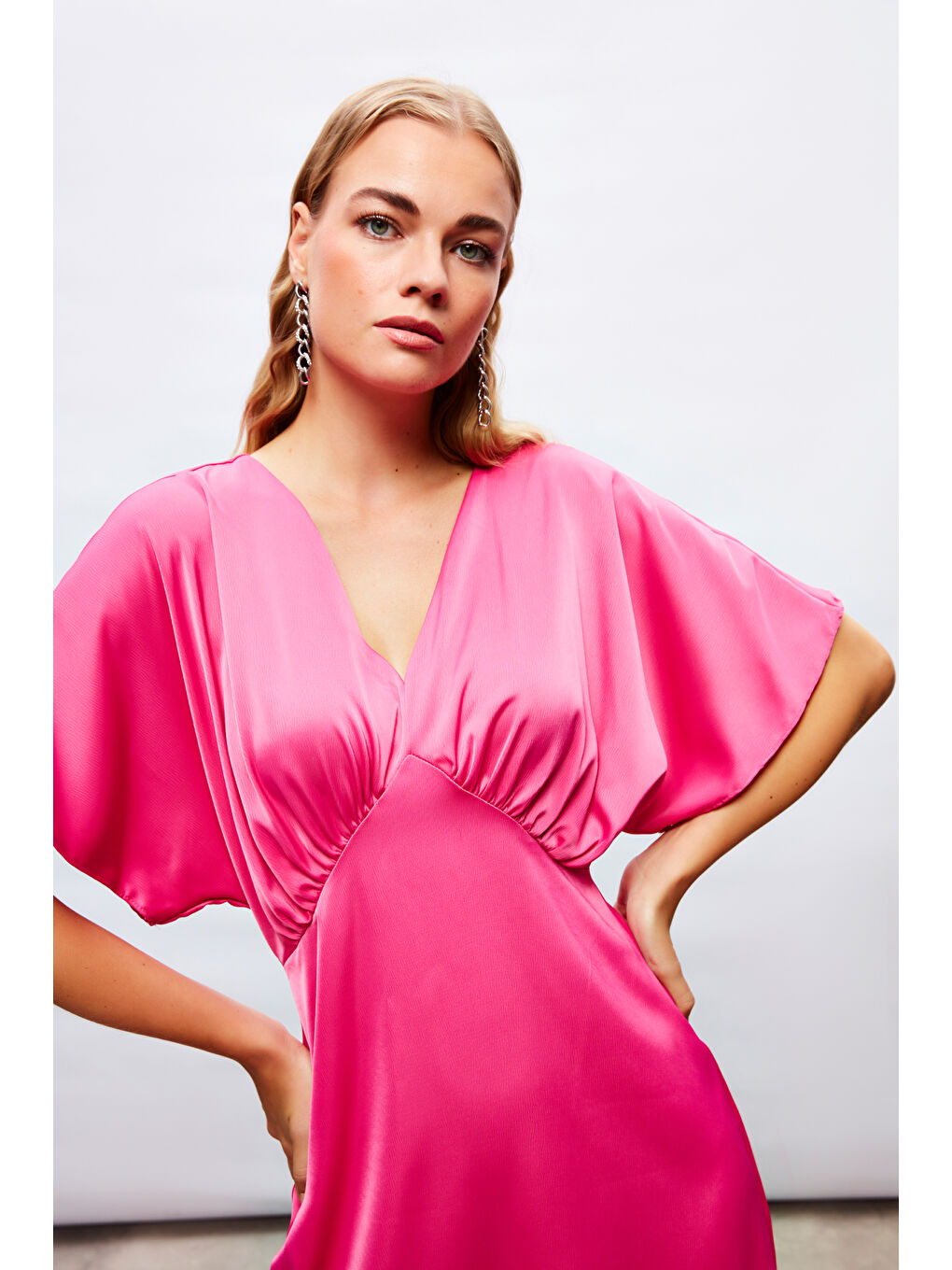 Yarasa Kol Mini Elbise - Fuşya-5