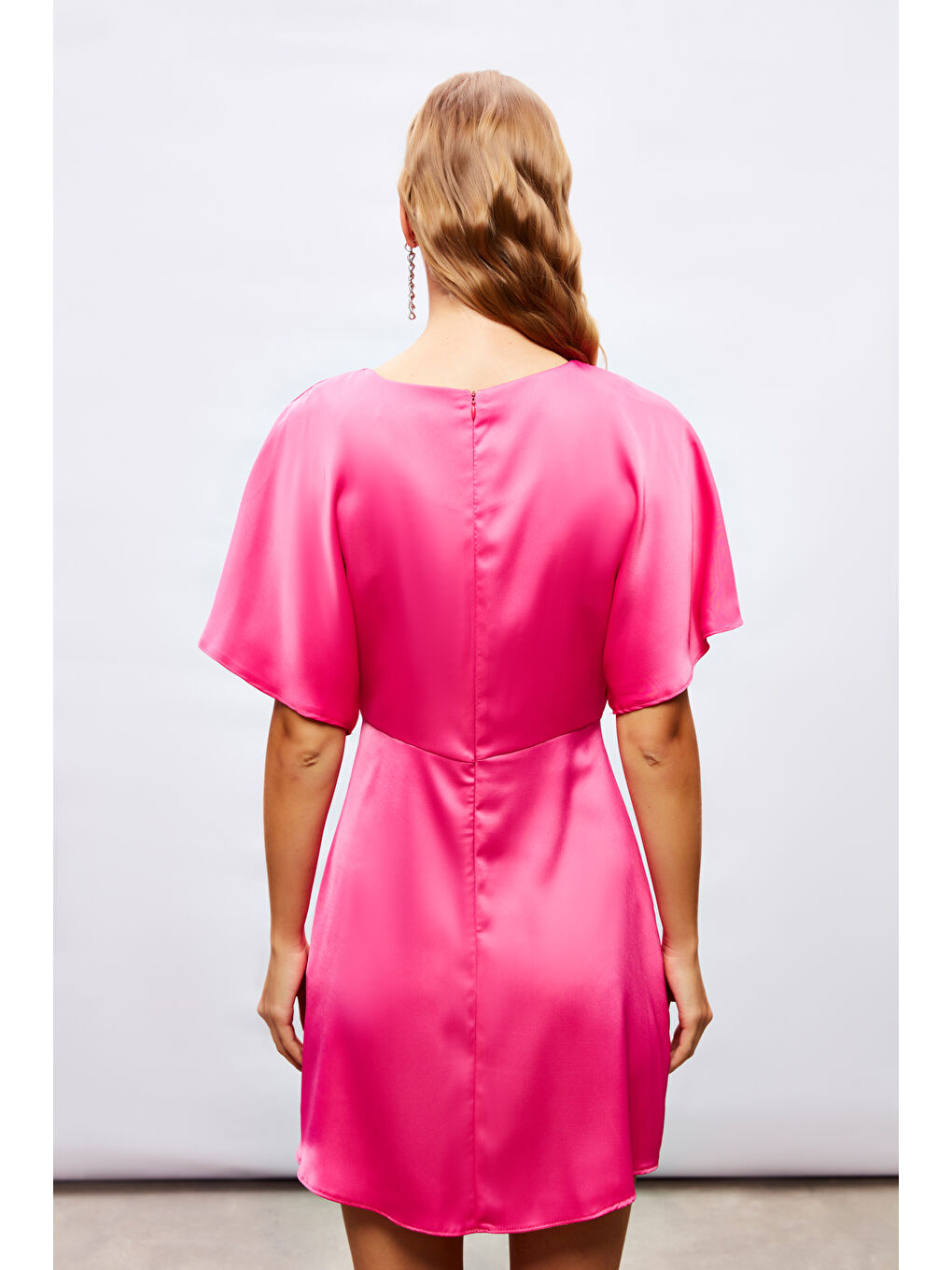 Yarasa Kol Mini Elbise - Fuşya-6