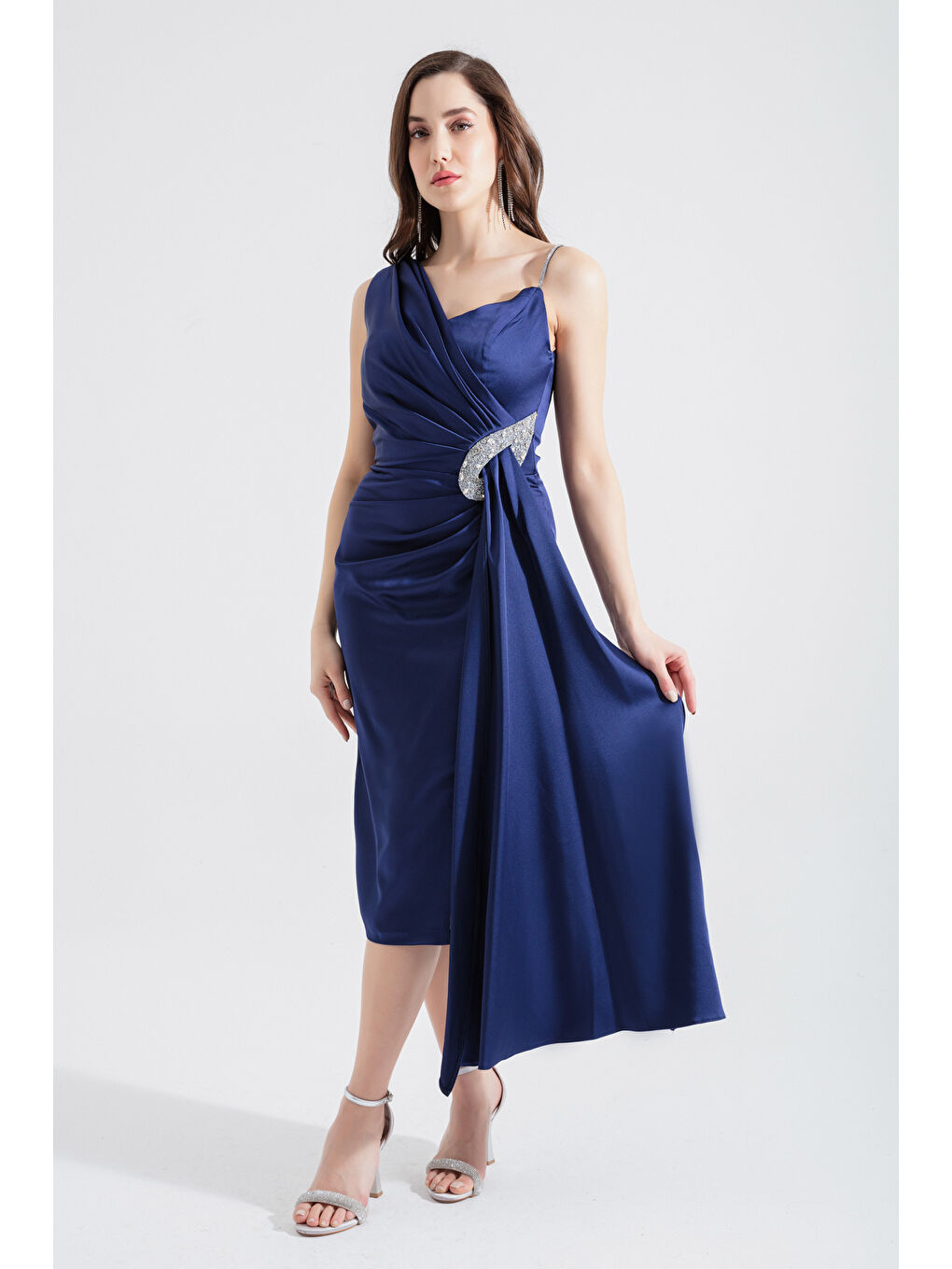 Kadın Lacivert Tek Omuzlu Taşlı Midi Abiye Elbise-1