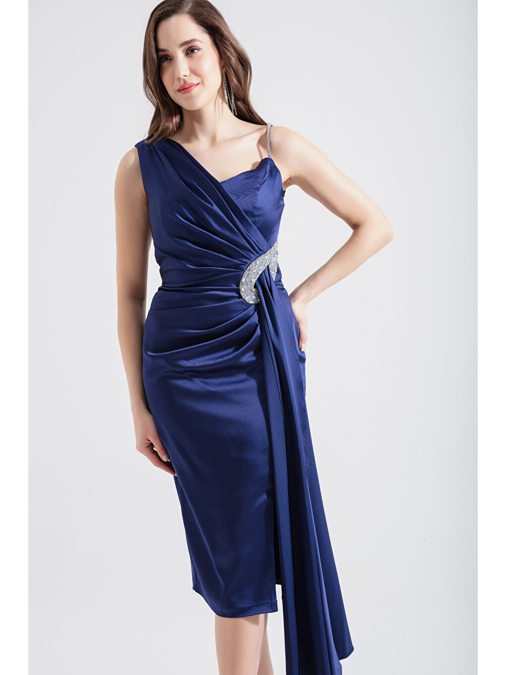 Kadın Lacivert Tek Omuzlu Taşlı Midi Abiye Elbise-2