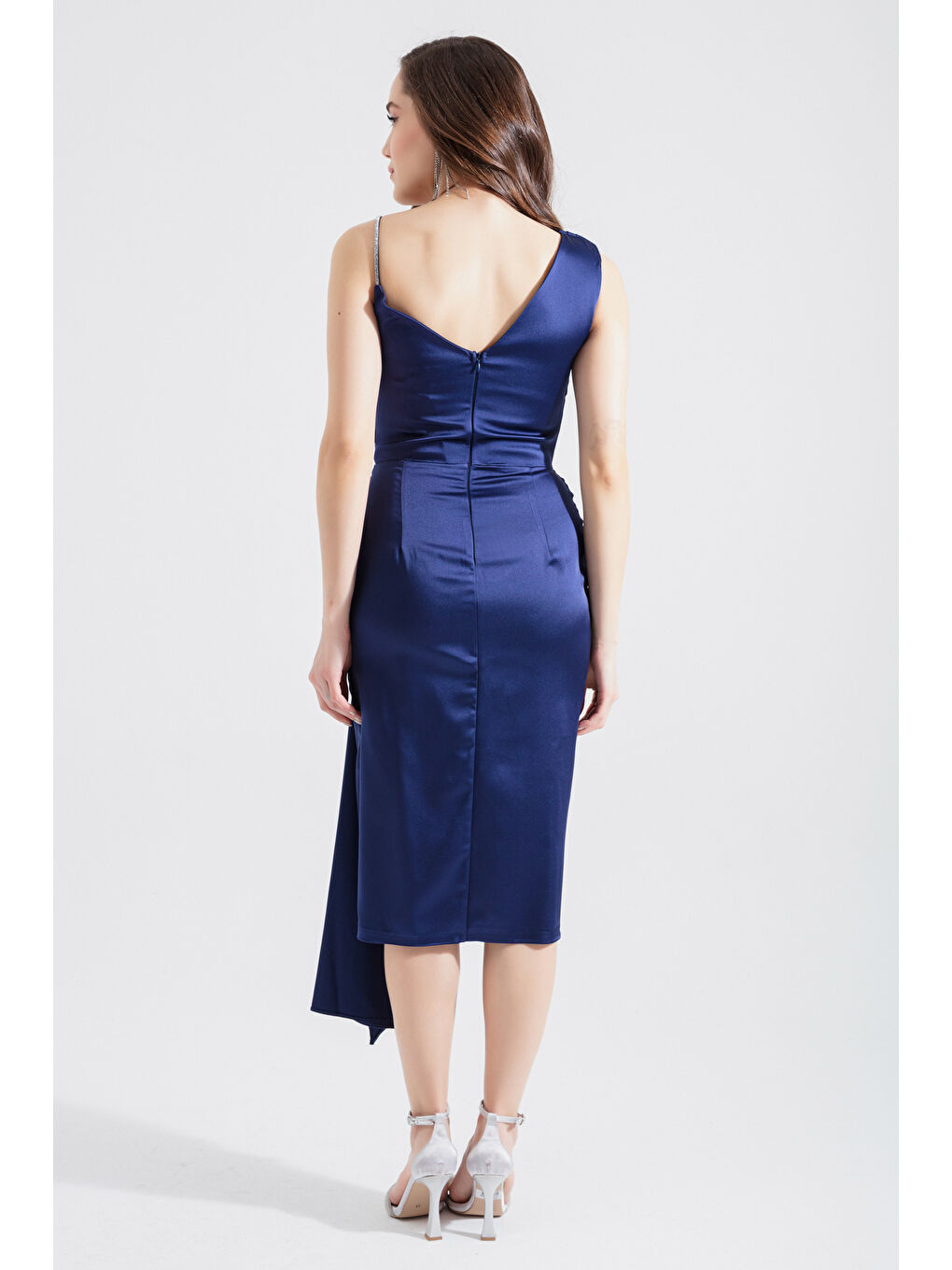 Kadın Lacivert Tek Omuzlu Taşlı Midi Abiye Elbise-4