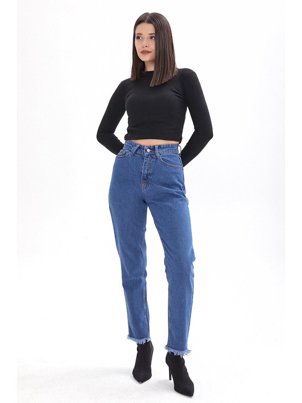 TOFİSA Mavi Düz Orta Kadın Mavi Yüksek Bel Paça Püsküllü Mom Jeans - 23670