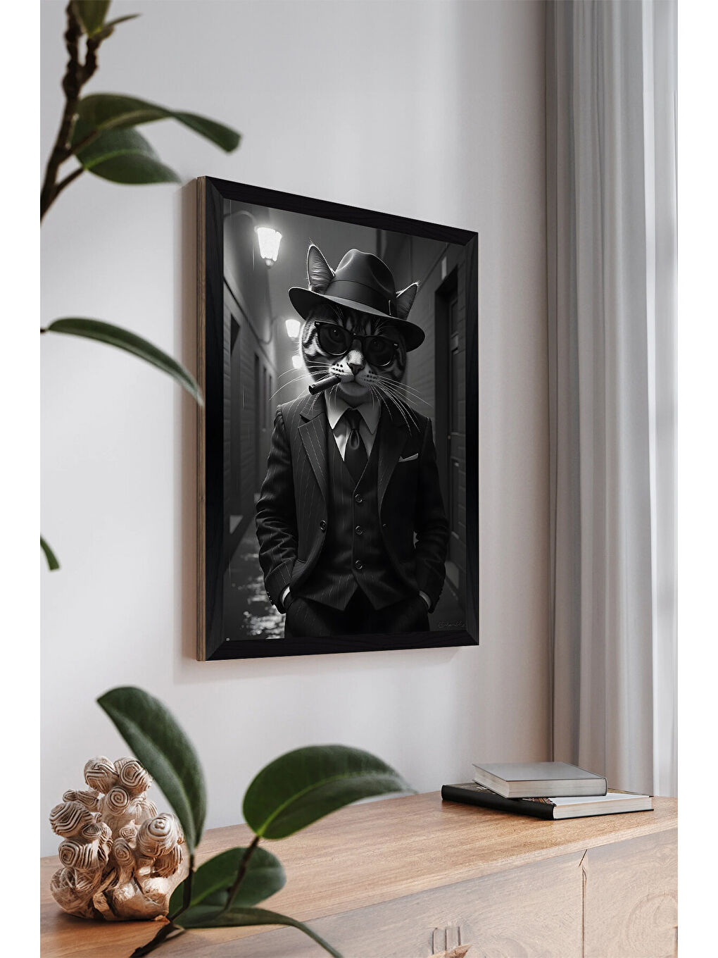 Beyaz Tek Parça Siyah Çerçeve Görünümlü Kedi Baskılı MDF 20x30 cm Tablo - Model 14