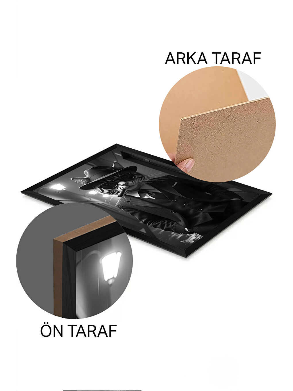 Beyaz Tek Parça Siyah Çerçeve Görünümlü Kedi Baskılı MDF 20x30 cm Tablo - Model 14-1