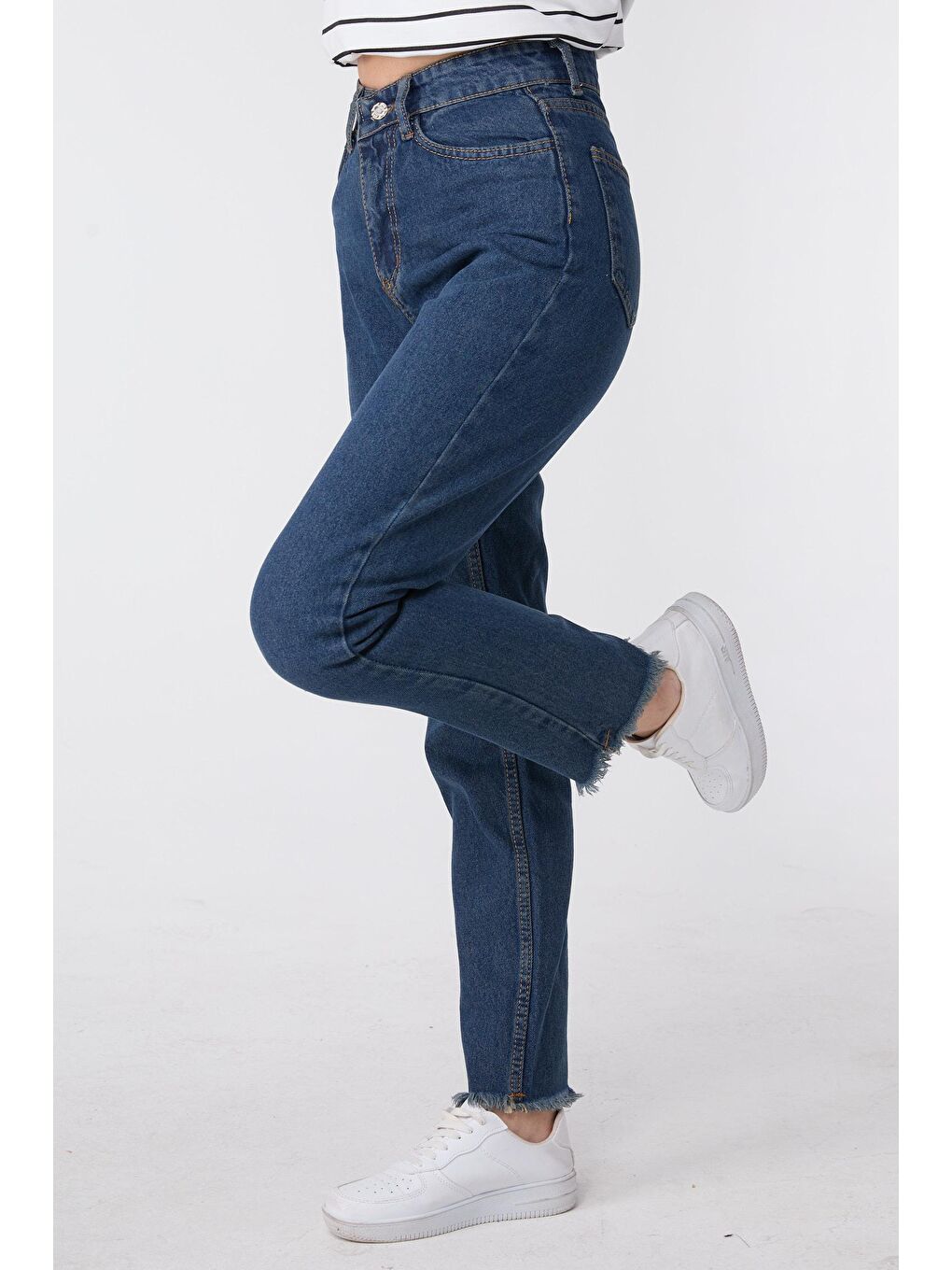 TOFİSA Kahverengi Düz Orta Kadın Kahverengi Yüksek Bel Paça Püsküllü Mom Jeans - 23670 - 3