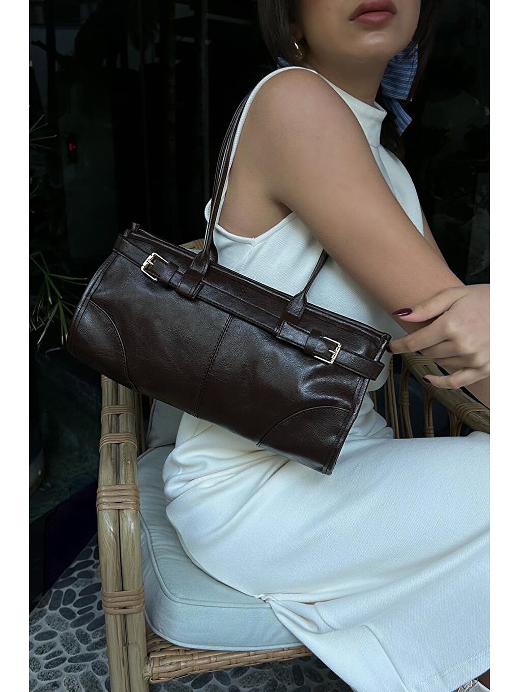 Kahverengi Enyola Vintage Baget Çanta Acı Kahve-6