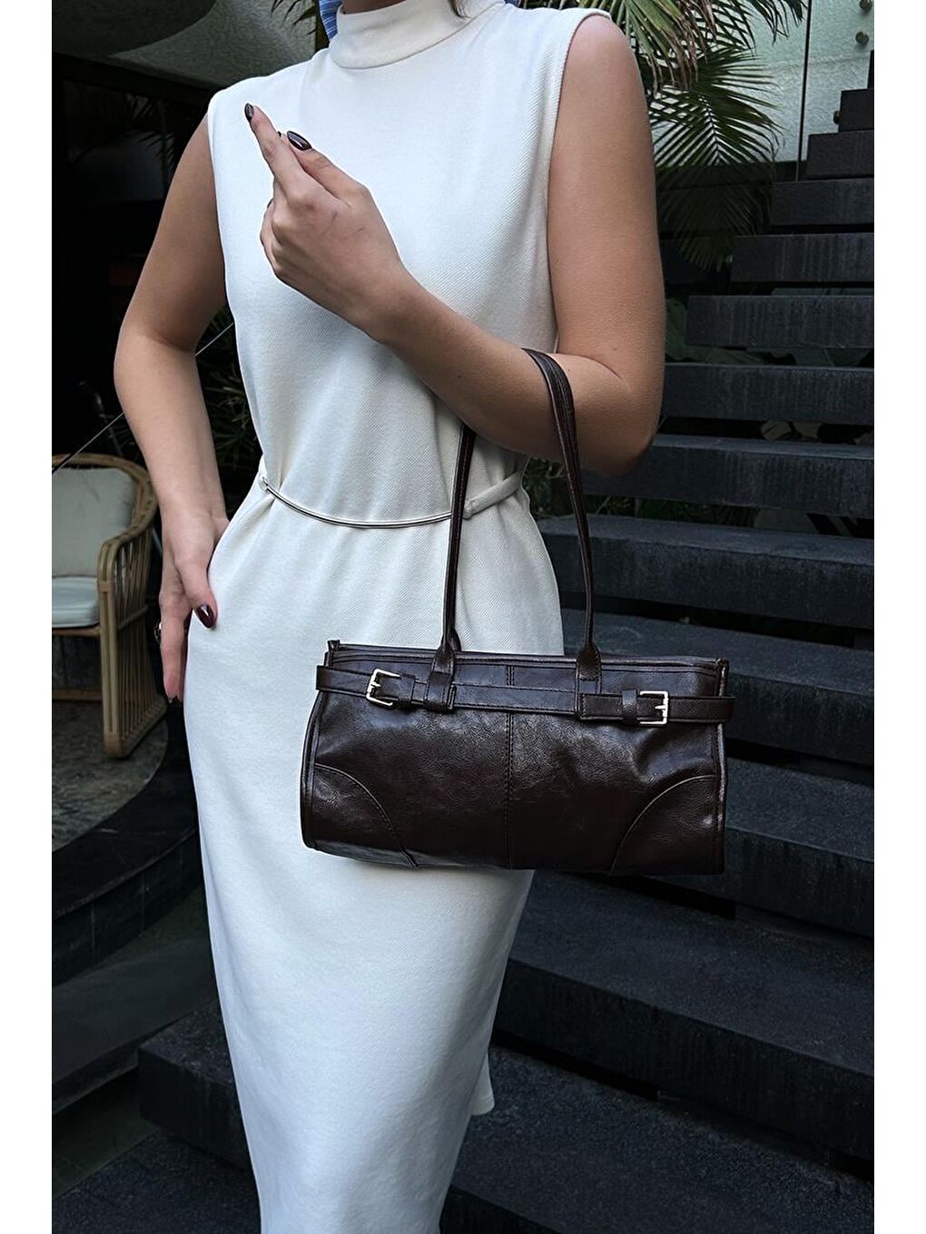 Kahverengi Enyola Vintage Baget Çanta Acı Kahve-7