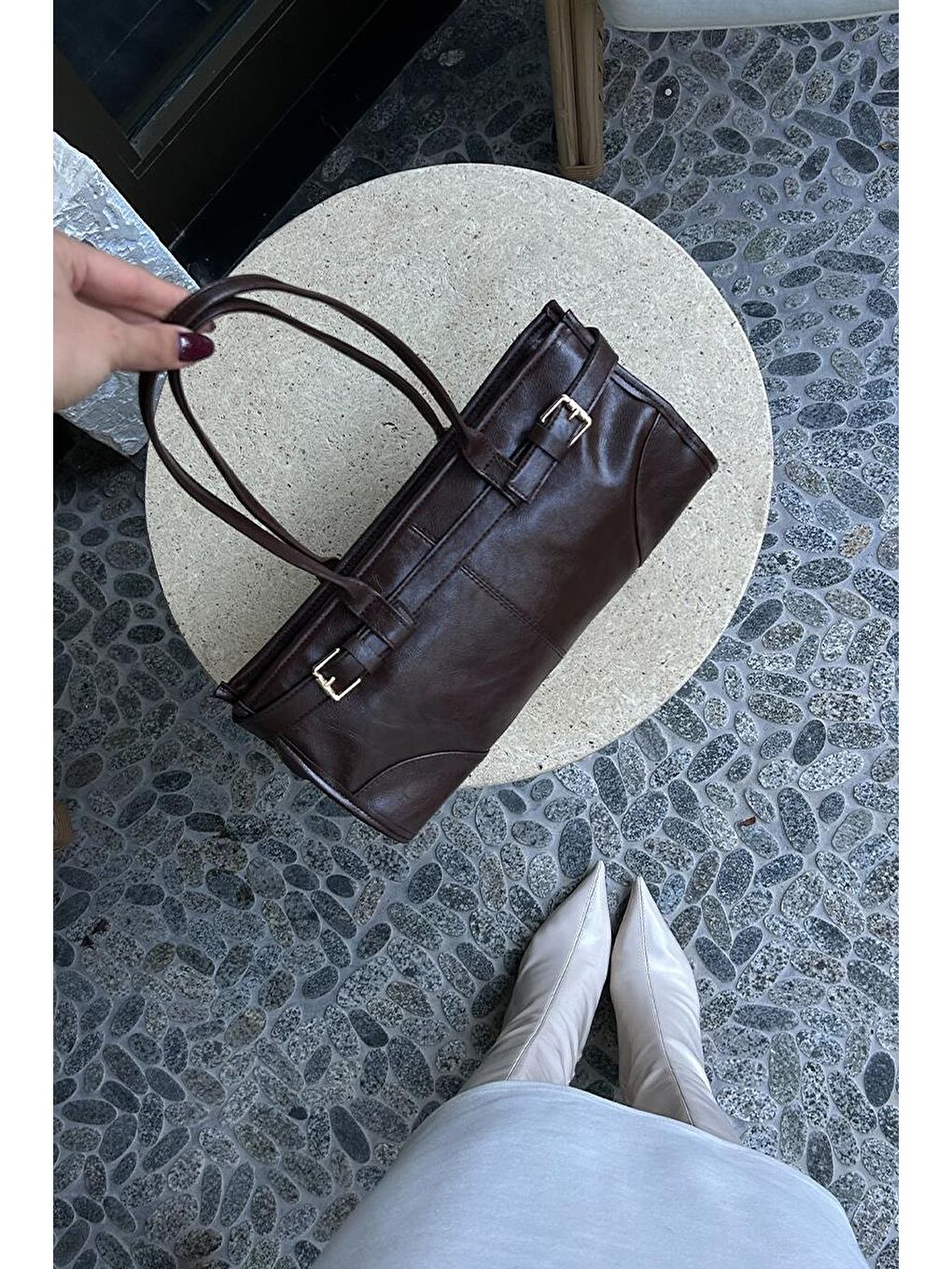 Kahverengi Enyola Vintage Baget Çanta Acı Kahve-9