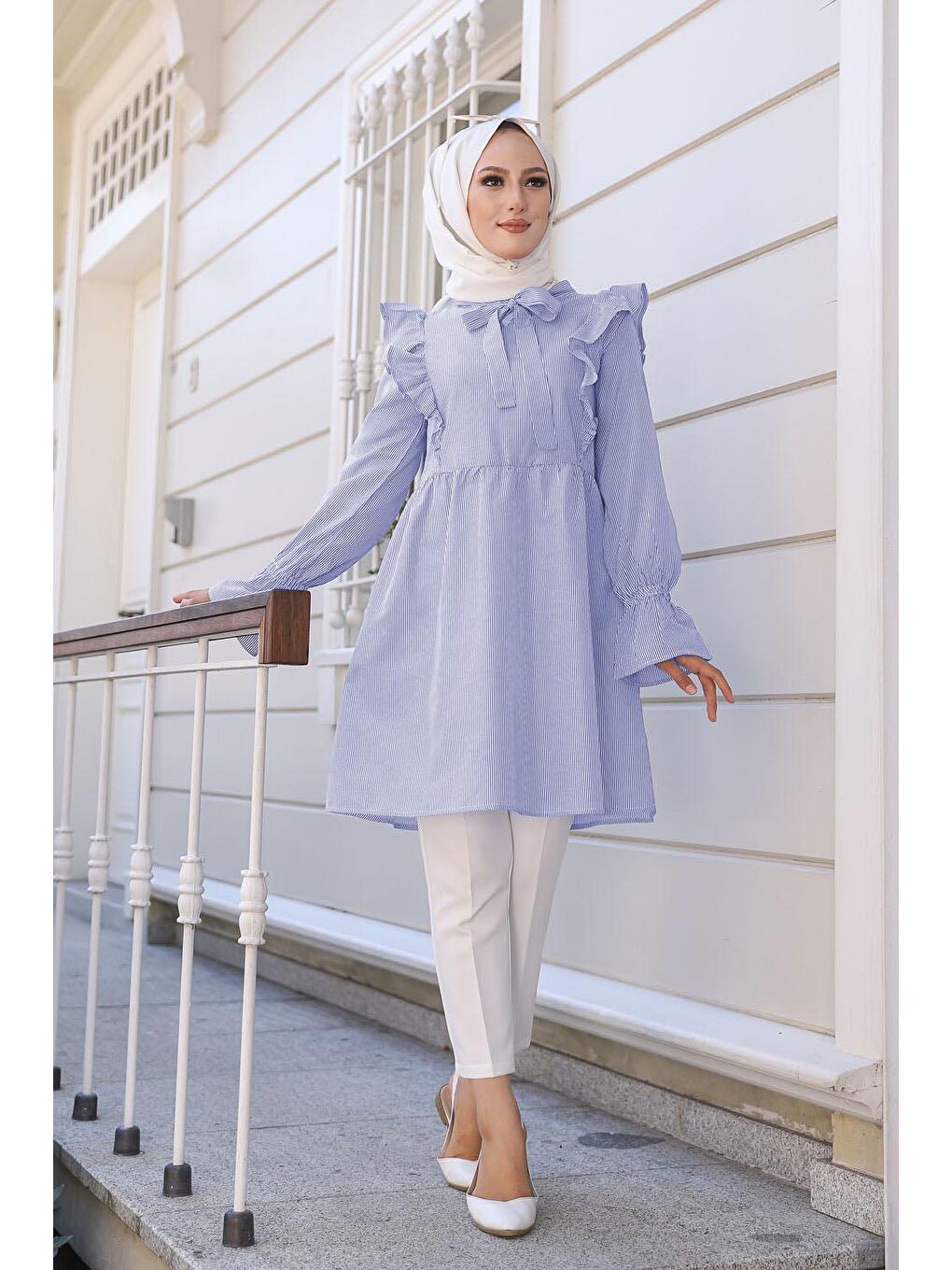 Hakim Yaka Kadın Lacivert Cızgılı Tunık - 3232-1