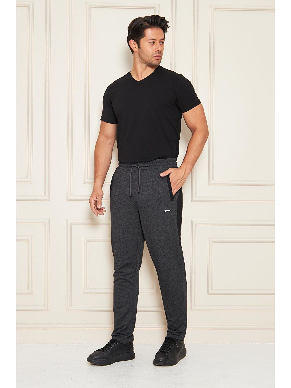 Erkek Düz Paça Şeritli Rahat Kesim Eşofman Altı Antrasit Melanj 6504-A-1