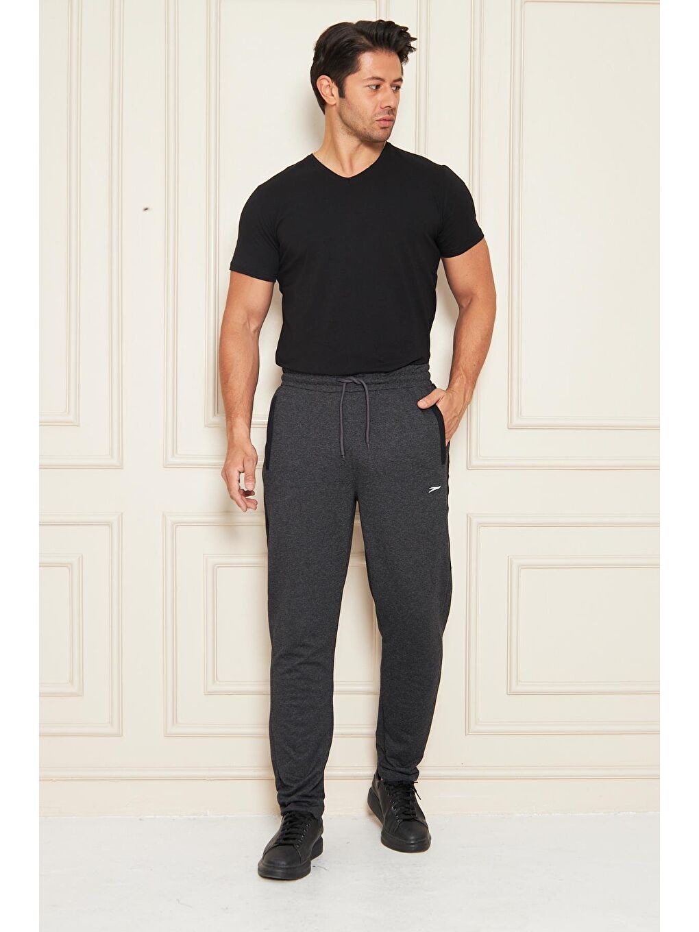 Erkek Düz Paça Şeritli Rahat Kesim Eşofman Altı Antrasit Melanj 6504-A-3