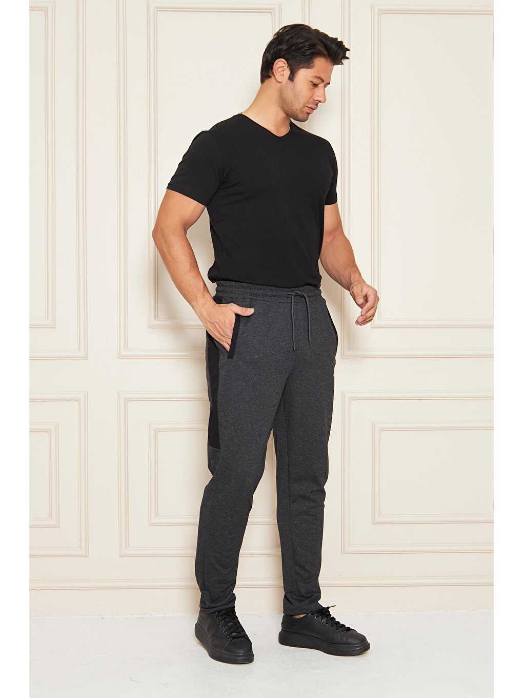 Erkek Düz Paça Şeritli Rahat Kesim Eşofman Altı Antrasit Melanj 6504-A-4