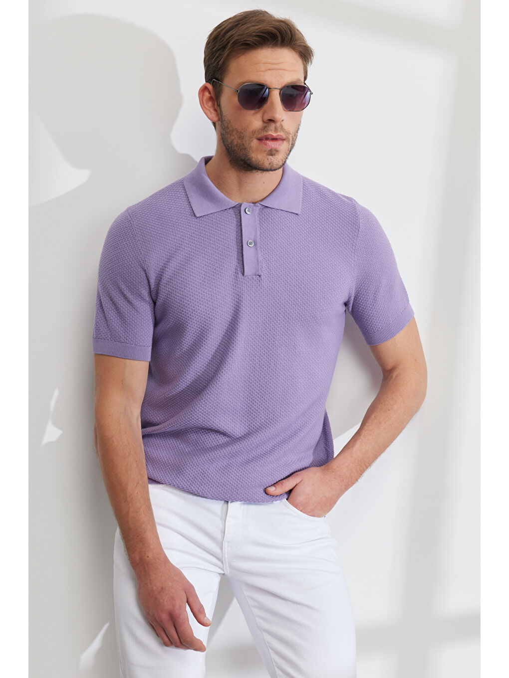 Erkek Lila Standart Fit Normal Kesim Polo Yaka %100 Pamuk Kısa Kollu Triko-2