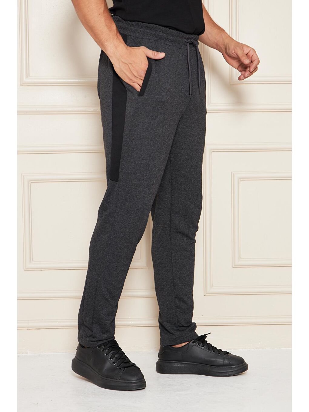 Erkek Düz Paça Şeritli Rahat Kesim Eşofman Altı Antrasit Melanj 6504-A-5