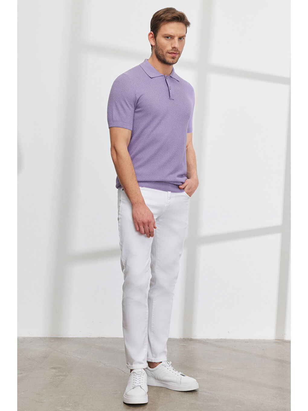 Erkek Lila Standart Fit Normal Kesim Polo Yaka %100 Pamuk Kısa Kollu Triko-3