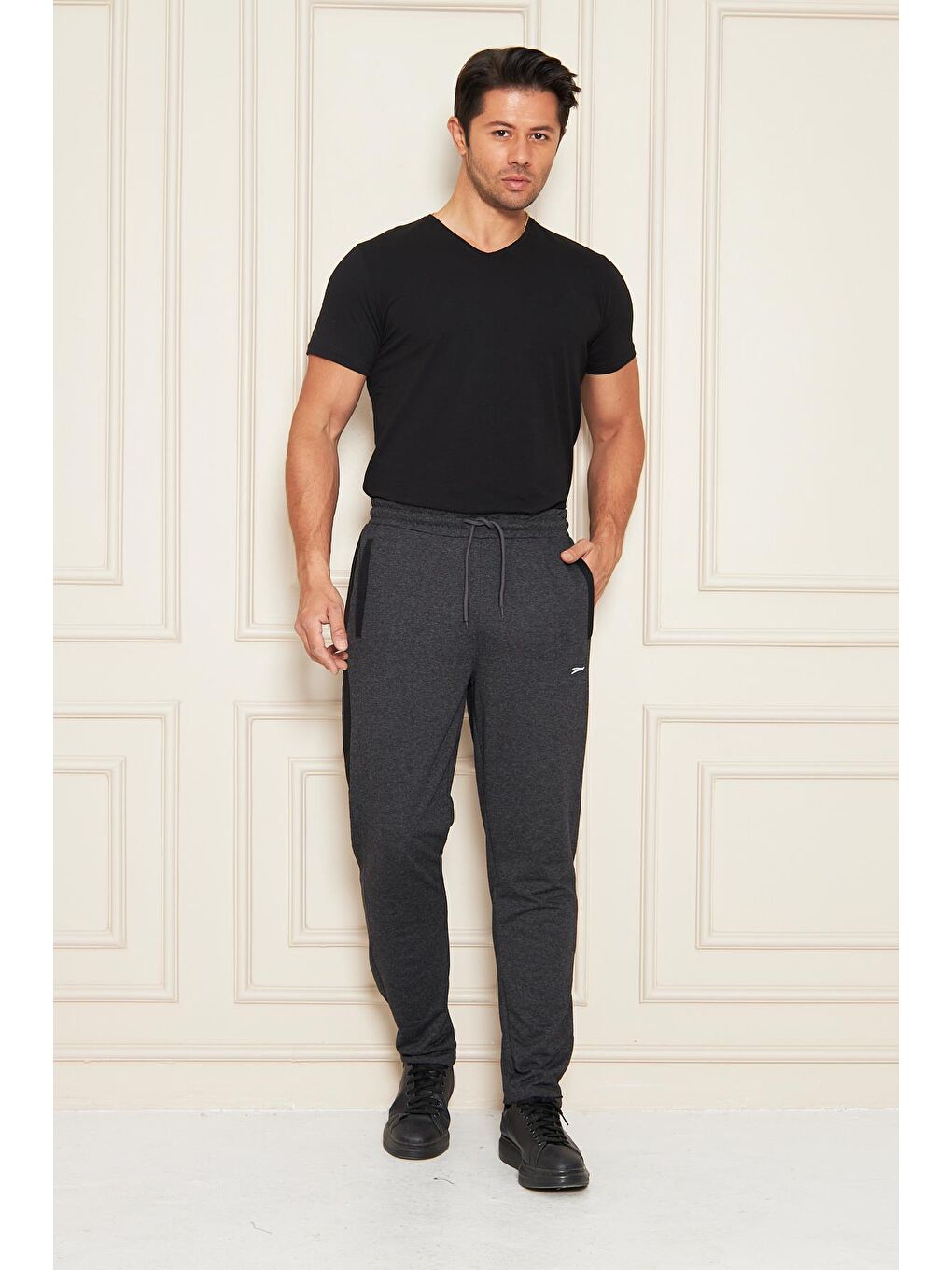 Erkek Düz Paça Şeritli Rahat Kesim Eşofman Altı Antrasit Melanj 6504-A-6