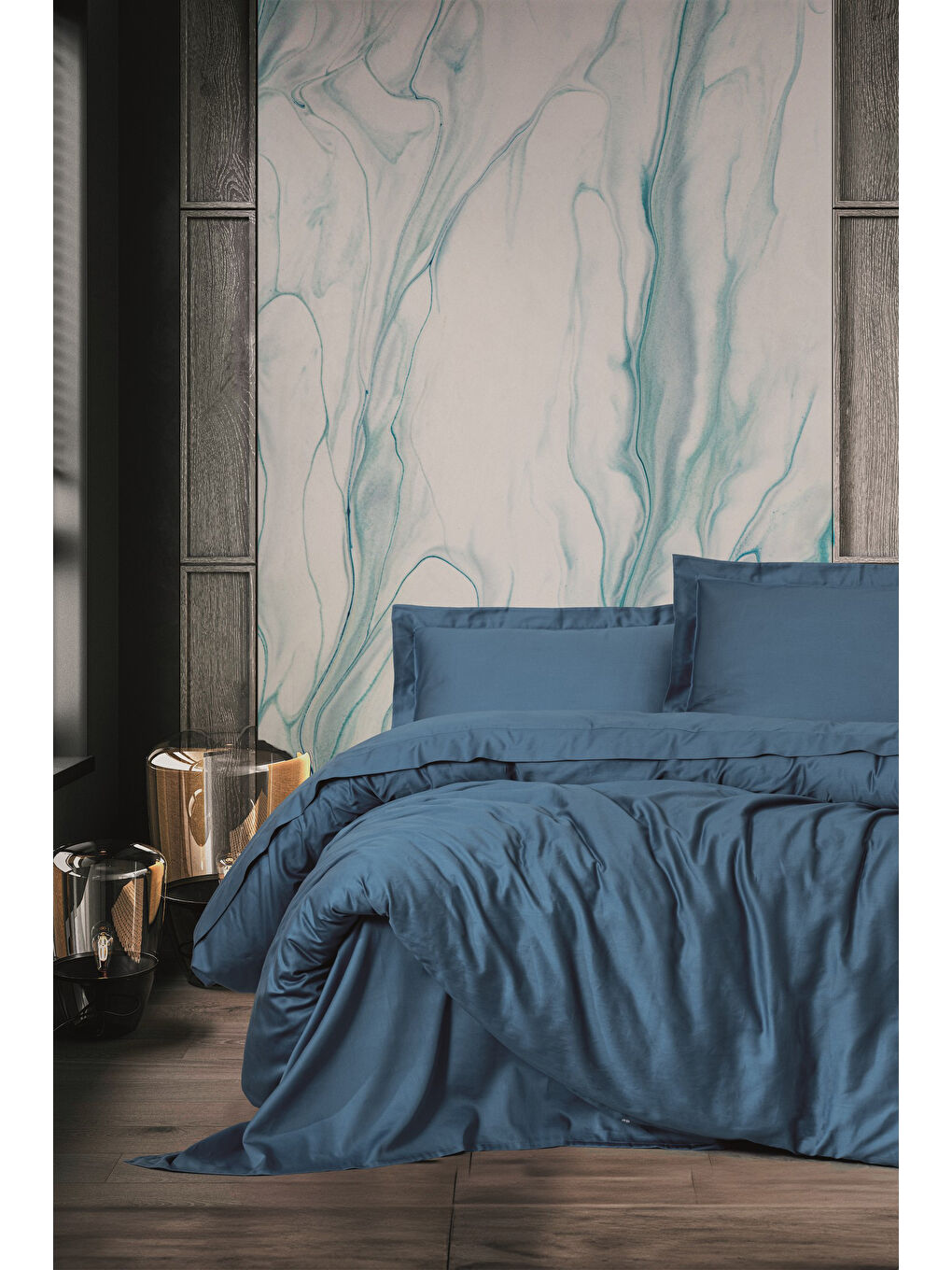 Karışık Pamuk Box Elegant Saten Çift Kişilik Nevresim Takımı Mavi