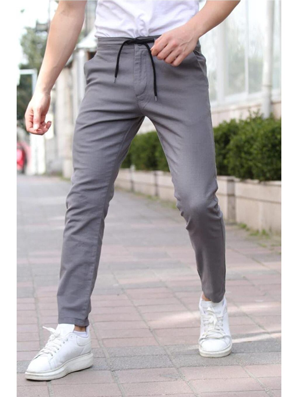 Tarz Cool Mat Gri Erkek Eganis Ipli Jogger Düğmeli Kumaş Pantolon - 1