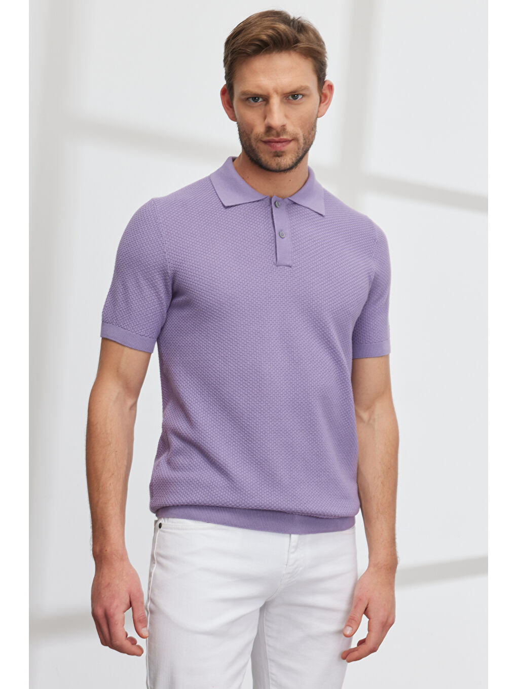 Erkek Lila Standart Fit Normal Kesim Polo Yaka %100 Pamuk Kısa Kollu Triko