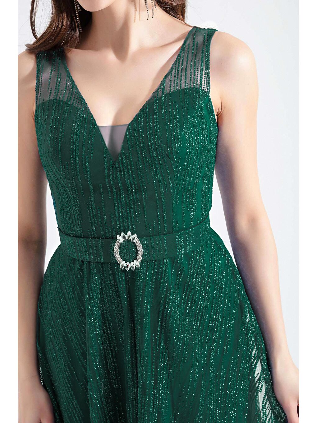 Kadın Zümrüt Yeşili V Yaka Simli Midi Abiye Elbise-3