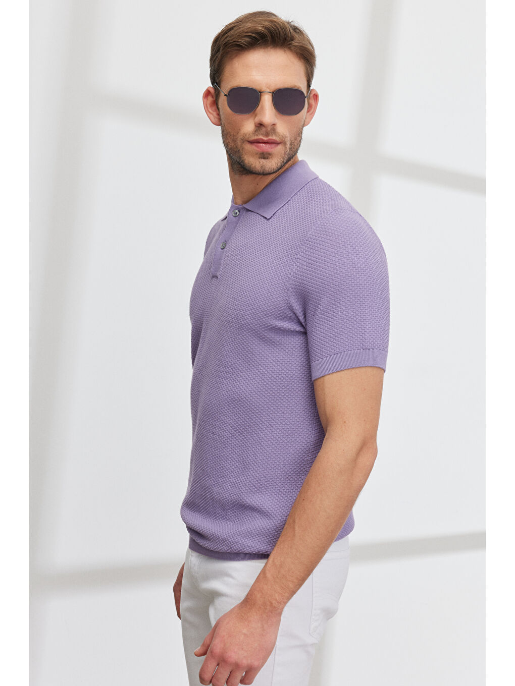 Erkek Lila Standart Fit Normal Kesim Polo Yaka %100 Pamuk Kısa Kollu Triko-5