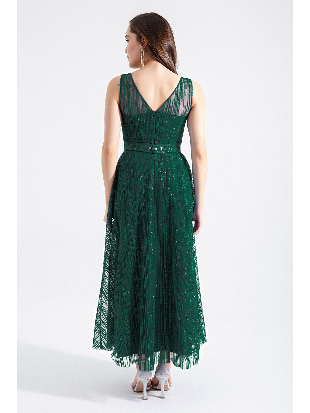 Kadın Zümrüt Yeşili V Yaka Simli Midi Abiye Elbise-4