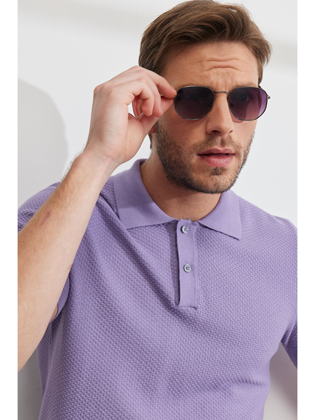 Erkek Lila Standart Fit Normal Kesim Polo Yaka %100 Pamuk Kısa Kollu Triko-6