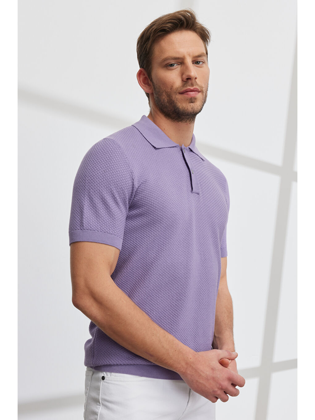 Erkek Lila Standart Fit Normal Kesim Polo Yaka %100 Pamuk Kısa Kollu Triko-7
