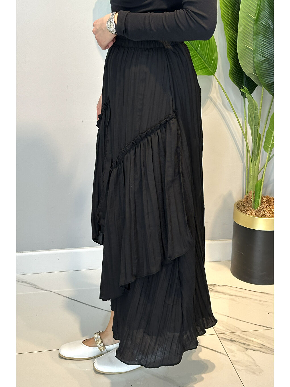 Pamuklu Fırfırlı Kloş Etek 27031 Siyah-1