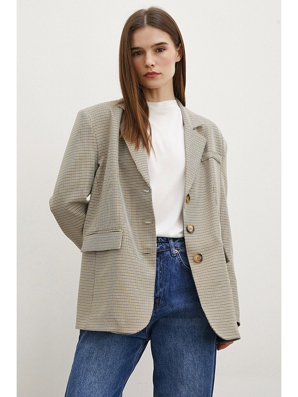 Karışık Ekose Blazer Ceket Kahve