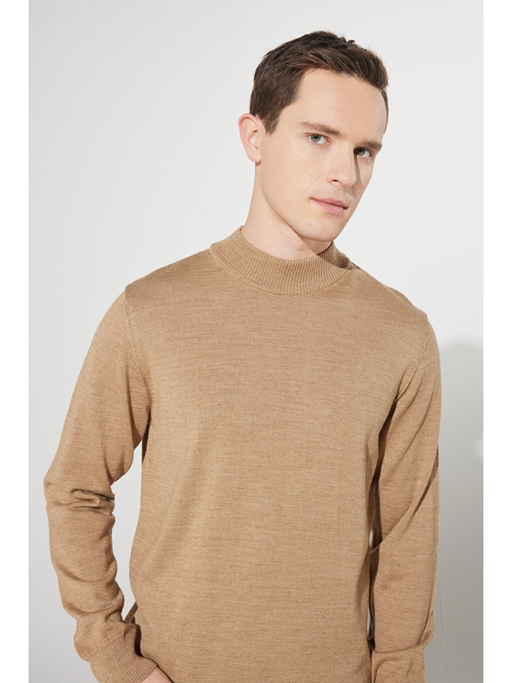 Bej Erkek Vizon Standart Fit Normal Kesim Yarım Balıkçı Yaka Yünlü Triko-2