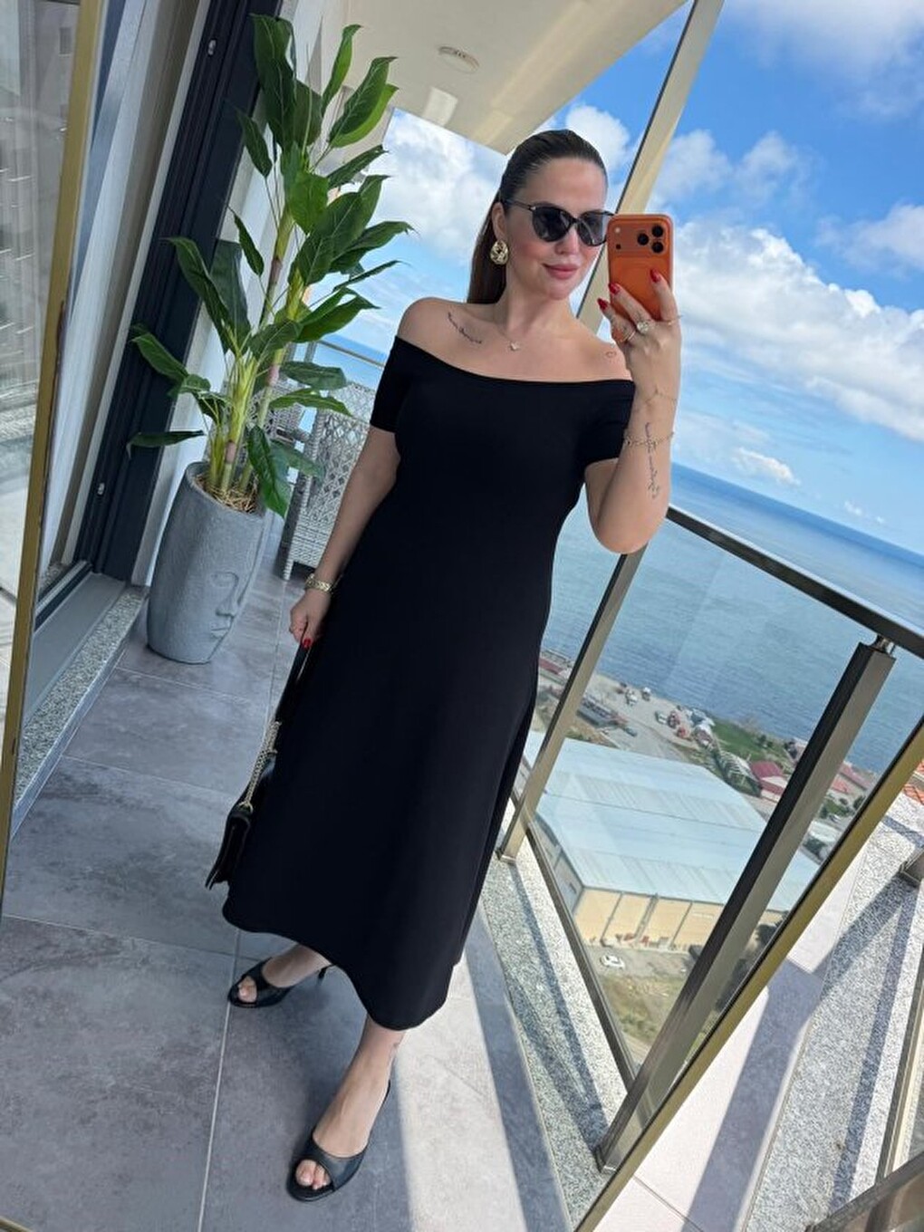 Siyah Kadın Madonna Yaka Midi Boy Modal Elbise-2