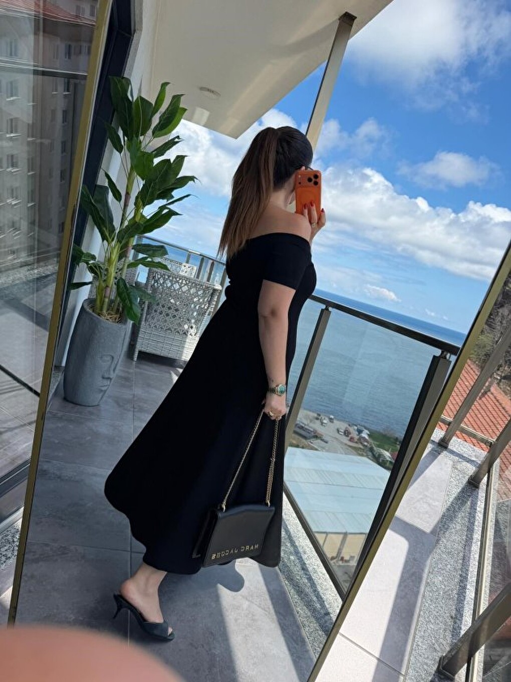 Siyah Kadın Madonna Yaka Midi Boy Modal Elbise-3