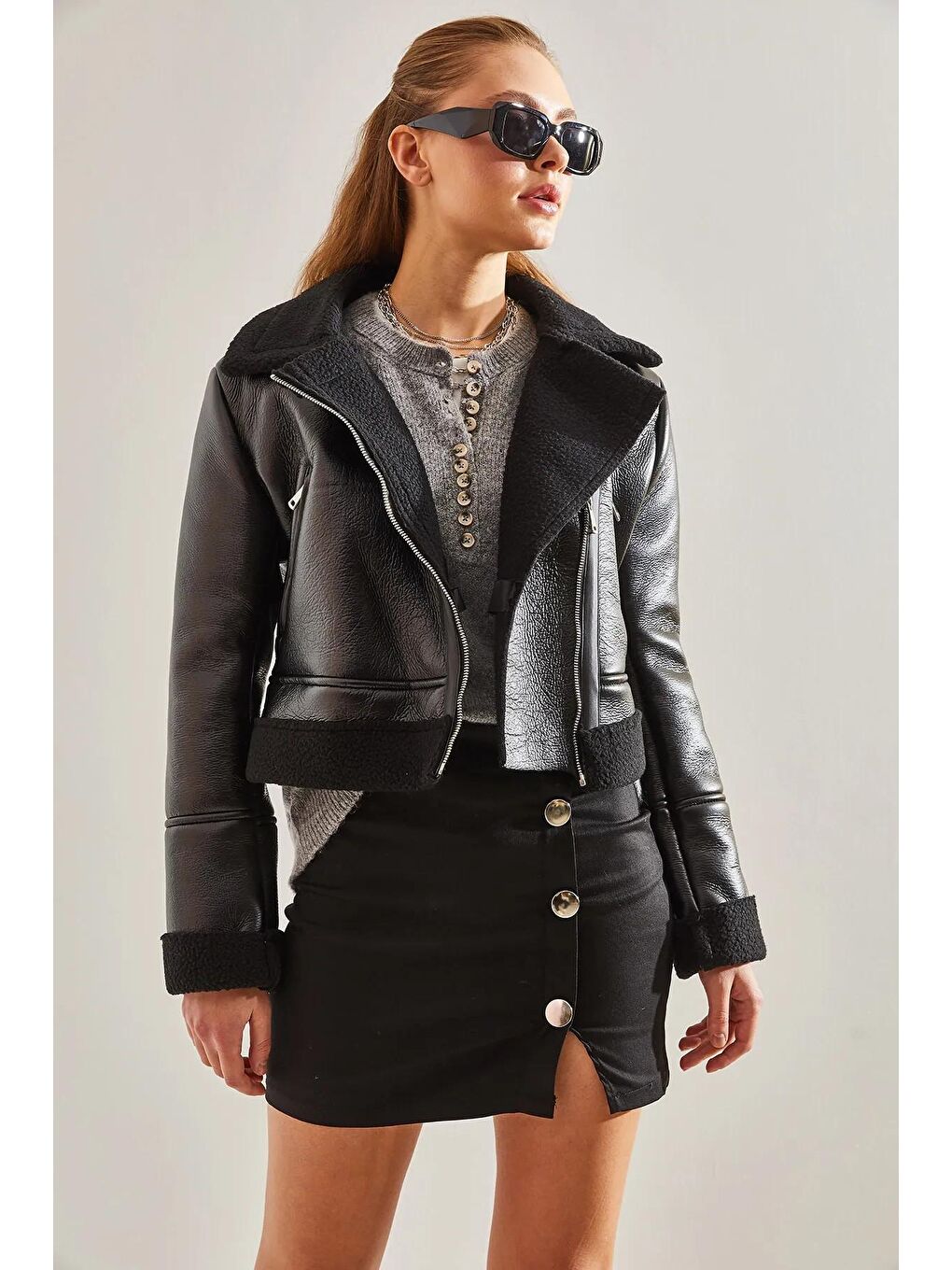 Siyah Kadın Kruvaze Yaka Deri Mont-1