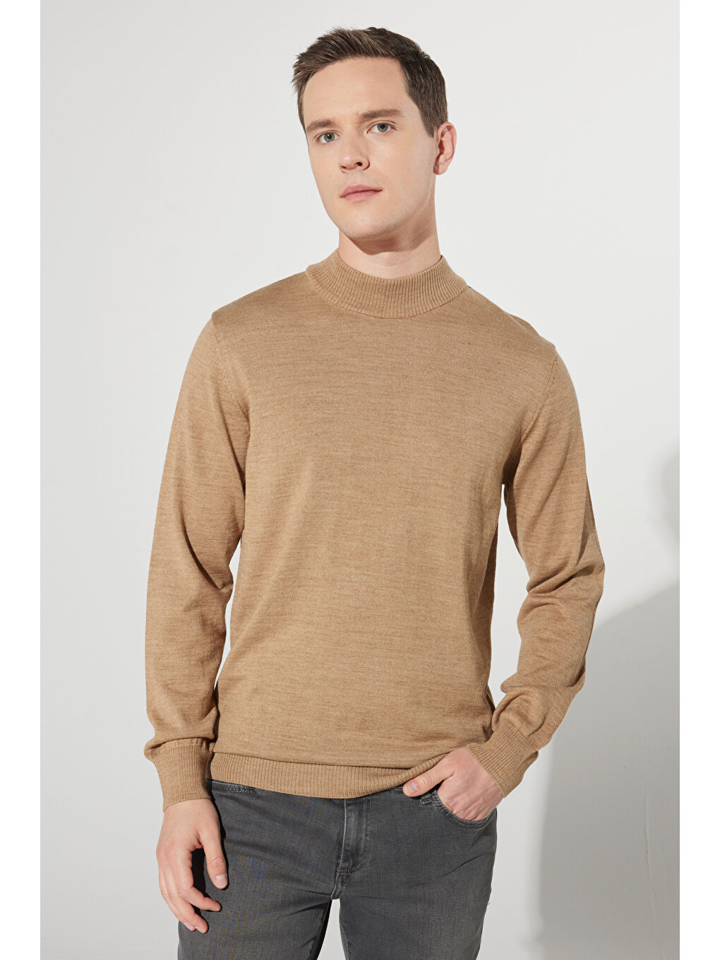 Bej Erkek Vizon Standart Fit Normal Kesim Yarım Balıkçı Yaka Yünlü Triko-4