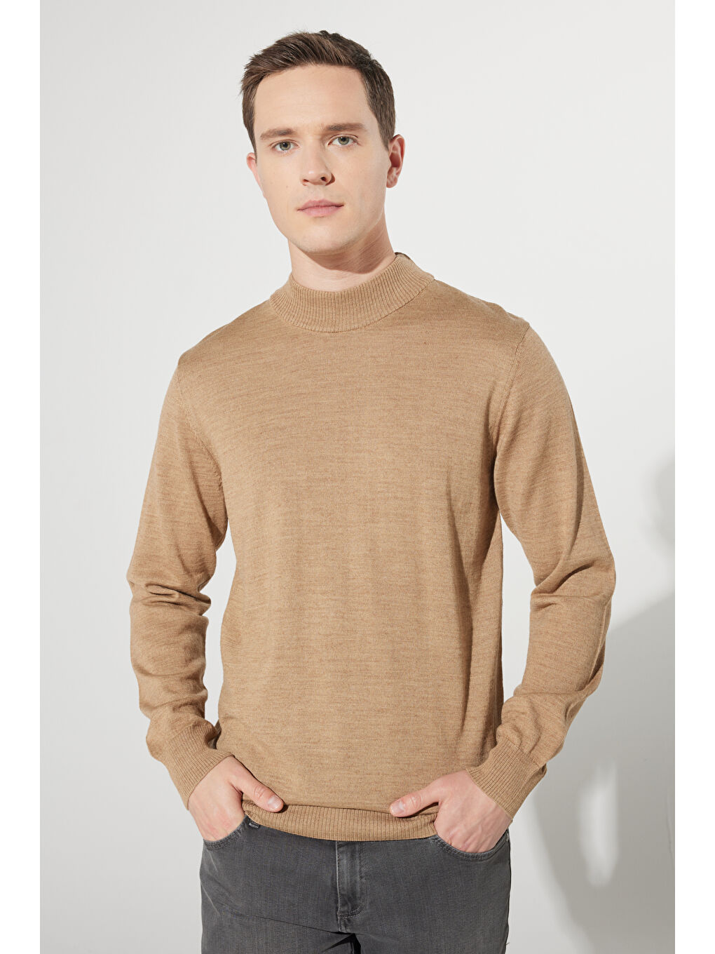 Bej Erkek Vizon Standart Fit Normal Kesim Yarım Balıkçı Yaka Yünlü Triko-5